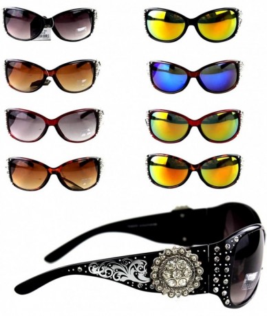 Rectangular Ladies Sunglasses Silver Design Scrollwork Rhinestones Floral Concho UV 400 - Black Frame/Color Lense - CO12GZ9CI...