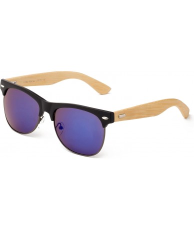 Round "Helix" Vintage Design Fashion Sunglasses Real Bamboo - Black/Gunmetal/Blue - CG12M1OD9TN $13.43