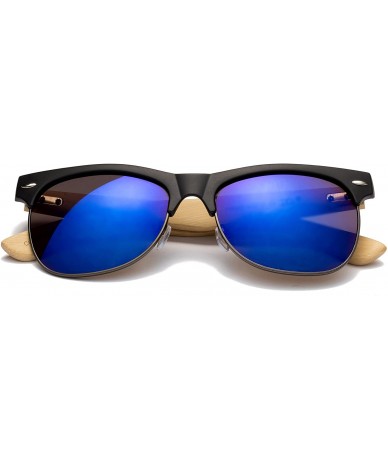 Round "Helix" Vintage Design Fashion Sunglasses Real Bamboo - Black/Gunmetal/Blue - CG12M1OD9TN $13.43