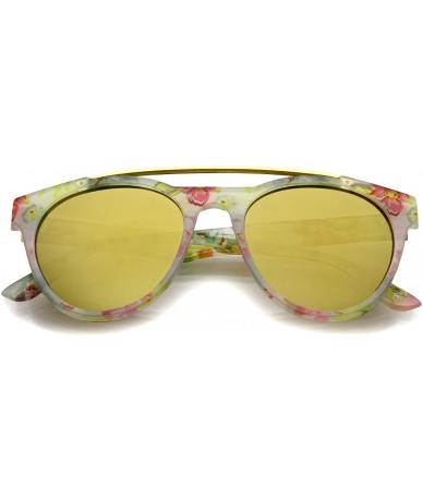 Round Women's Floral Metal Brow Bar Colored Mirror Lens P3 Round Sunglasses 50mm - White-floral / Gold Mirror - CF12N1GAHV6 $...