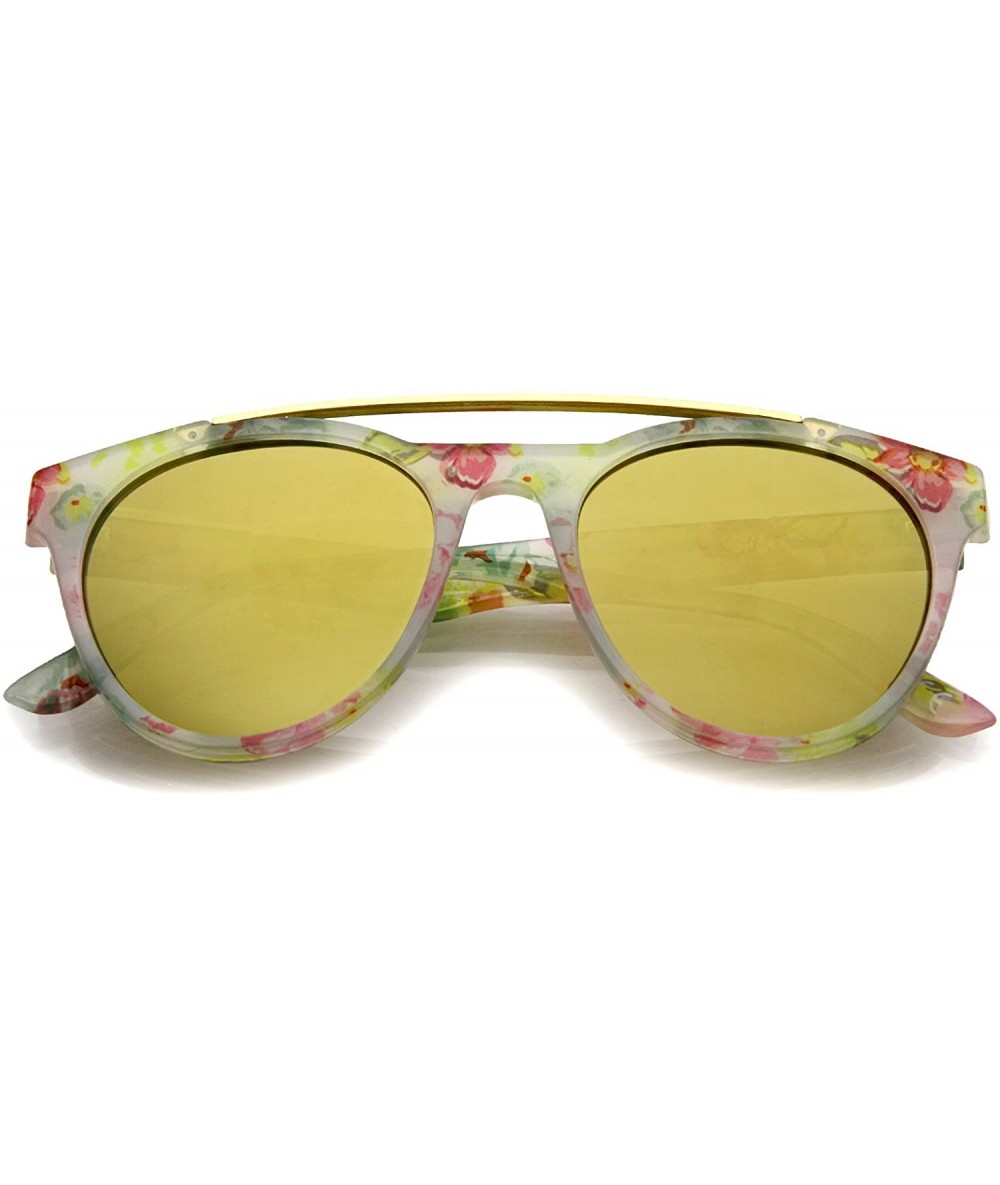 Round Women's Floral Metal Brow Bar Colored Mirror Lens P3 Round Sunglasses 50mm - White-floral / Gold Mirror - CF12N1GAHV6 $...