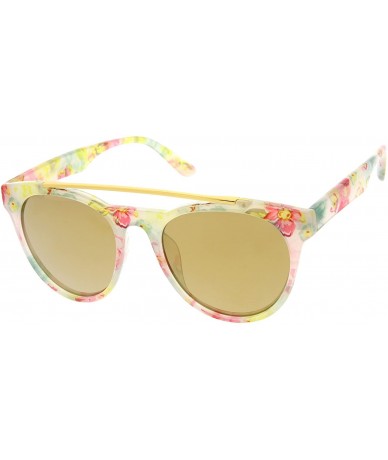 Round Women's Floral Metal Brow Bar Colored Mirror Lens P3 Round Sunglasses 50mm - White-floral / Gold Mirror - CF12N1GAHV6 $...