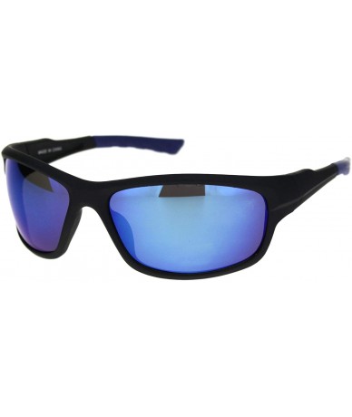 Rectangular Mens Classic Rectangular Warp Around Sport Plastic Sunglasses - Matte Black Blue Blue Mirror - CA18R7KQZCH $8.31