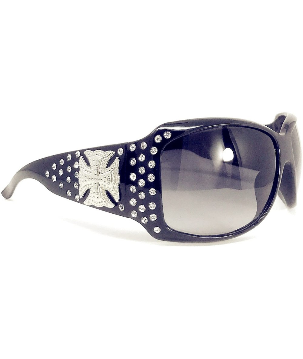Oval Women's Sunglasses With Bling Rhinestone UV 400 PC Lens in Multi Concho - Large Metal Cross Black - CI18WRDA8YE $27.37