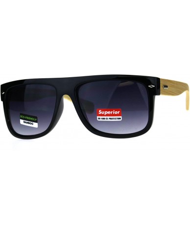 Rectangular Mens Flat Top Hipster Horned Rim Wood Grain Arm Sunglasses - Black Smoke - CP180AQ992H $12.41