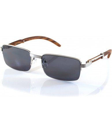 Rectangular Vintage Semi-Rimless Metal & Wood Feel Sunglasses A190 - Silver Black Sd - CE18EDH94TD $30.86