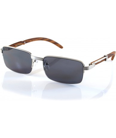 Rectangular Vintage Semi-Rimless Metal & Wood Feel Sunglasses A190 - Silver Black Sd - CE18EDH94TD $11.48