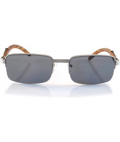 Rectangular Vintage Semi-Rimless Metal & Wood Feel Sunglasses A190 - Silver Black Sd - CE18EDH94TD $11.48
