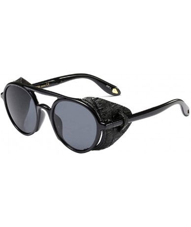 Round Women's Retro Classic Round Plastic Frame Sunglasses With Leather - Bright Black Gray - CM18W7ELH0S $11.94