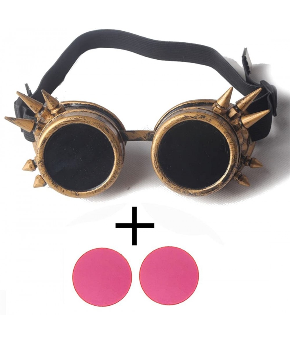 Goggle Steampunk Goggles Vintage Glasses Rave Retro Cosplay Halloween Spiked - Frame+pink Lenses - CF18HA0WEGS $20.78