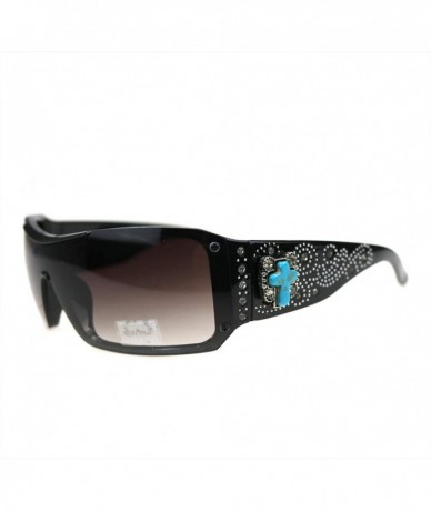 Square Women Sunglasses UV 400 Western Floral Concho Bling Bling Collection Ladies Sunglasses - Black-turquoise Cross - CK19C...