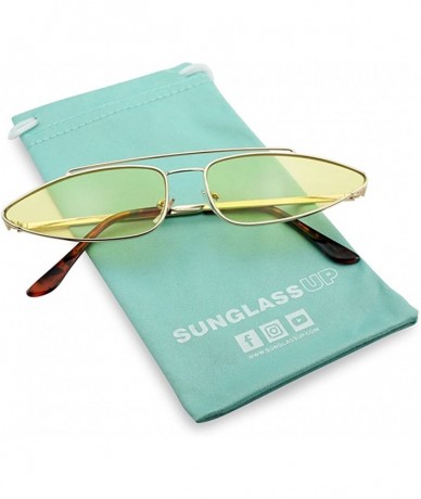 Cat Eye Ultra Slim Retro 90's Skinny Wide Oval Sun Glasses Narrow Metal Crossbrow Cateye Shades - Gold Frame - Yellow - C518G...