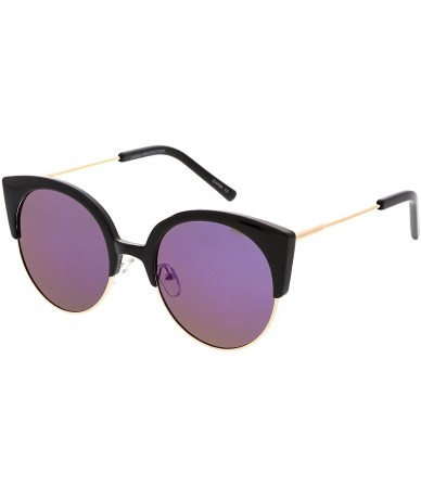Semi-rimless Women's Half Frame Ultra Slim Arms Mirrored Round Flat Lens Cat Eye Sunglasses 53mm - Black Gold / Purple Mirror...