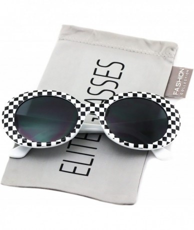 Round Bold Retro Oval Mod Thick Frame Sunglasses Clout Goggles with Round Lens - Checkered White - CM18676N8UG $9.32