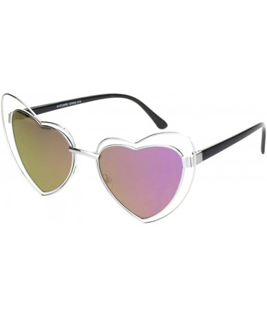 Cat Eye Womens Double Metal Wire Rim Heart Shape Cat Eye Sunglasses - Silver Purple Mirror - CX18OWZTX4S $14.87