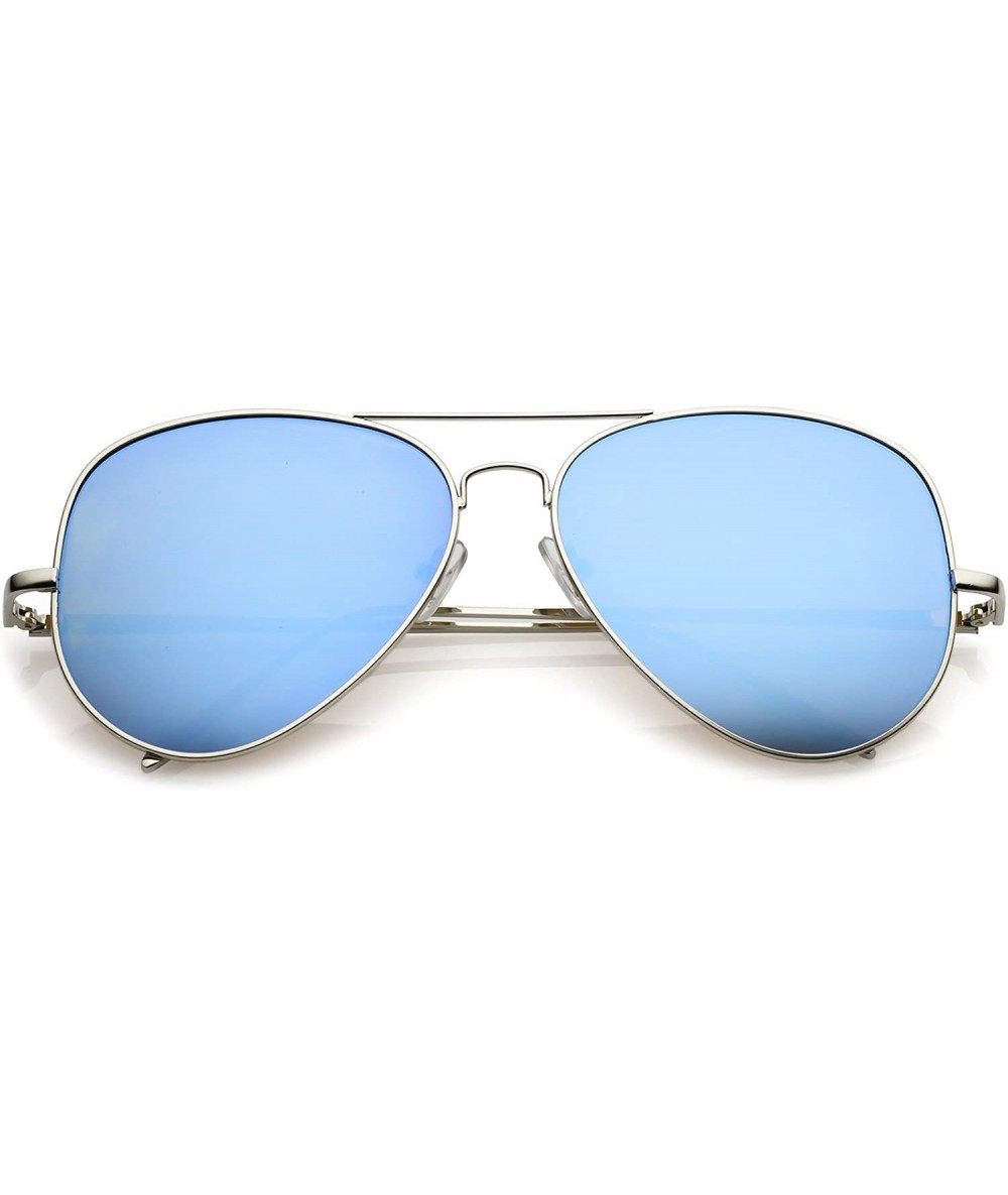 Aviator Classic Metal Double Nose Bridge Color Mirror Flat Lens Aviator Sunglasses 59mm - Silver / Light Blue Mirrror - C5184...