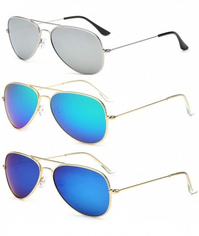 Aviator Aviator Sunglasses for Mens Womens Mirrored Sun Glasses Shades with Uv400 - Gold Green + Gold Blue + Silver - CG193XY...