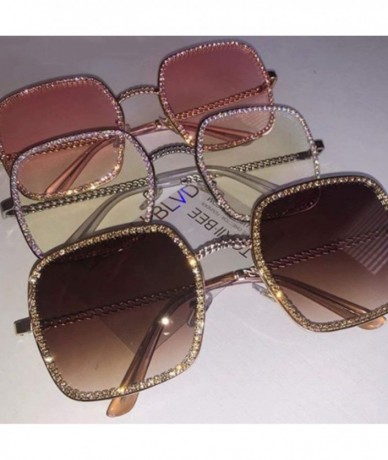 Round Square Flat Light Diamond Sunglasses Women Luxury Crystal Clear Eyeglasses Vintage Big Frame Female Glasses - CH197A2IR...