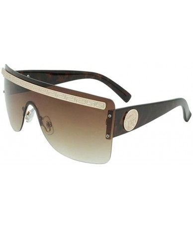 Shield Rimless Greek Key Flat Top Shield Sunglasses - Brown Tortoise & Gold - CM182A039NK $18.07