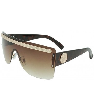 Shield Rimless Greek Key Flat Top Shield Sunglasses - Brown Tortoise & Gold - CM182A039NK $9.41