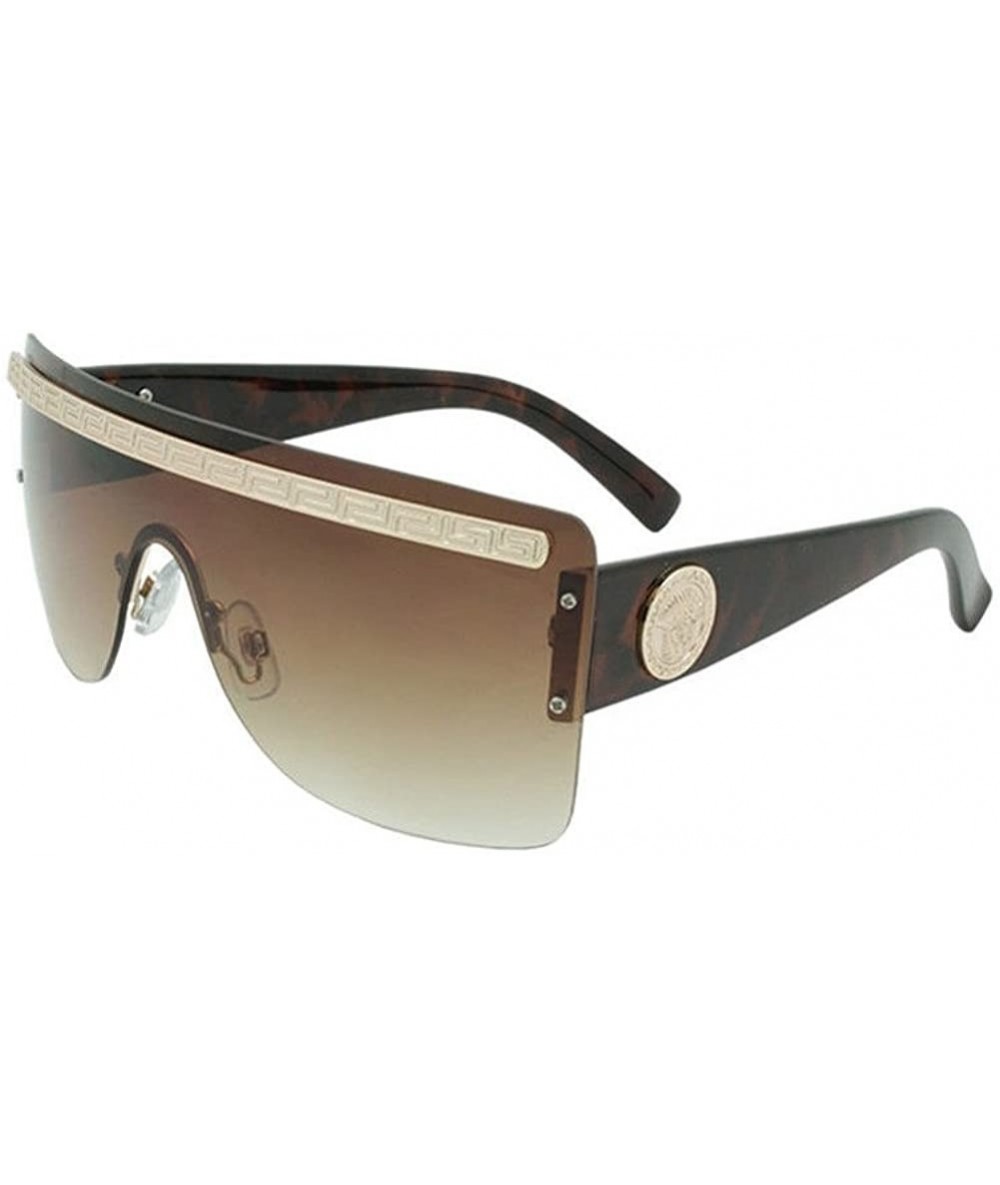Shield Rimless Greek Key Flat Top Shield Sunglasses - Brown Tortoise & Gold - CM182A039NK $9.41