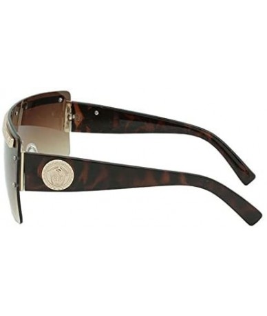 Shield Rimless Greek Key Flat Top Shield Sunglasses - Brown Tortoise & Gold - CM182A039NK $9.41