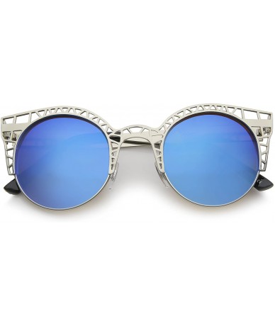 Cat Eye Women's Metal Cut Out Frame Colored Mirror Lens Round Cat Eye Sunglasses 48mm - Silver / Blue Mirror - CM12KUKNO9Z $9.22
