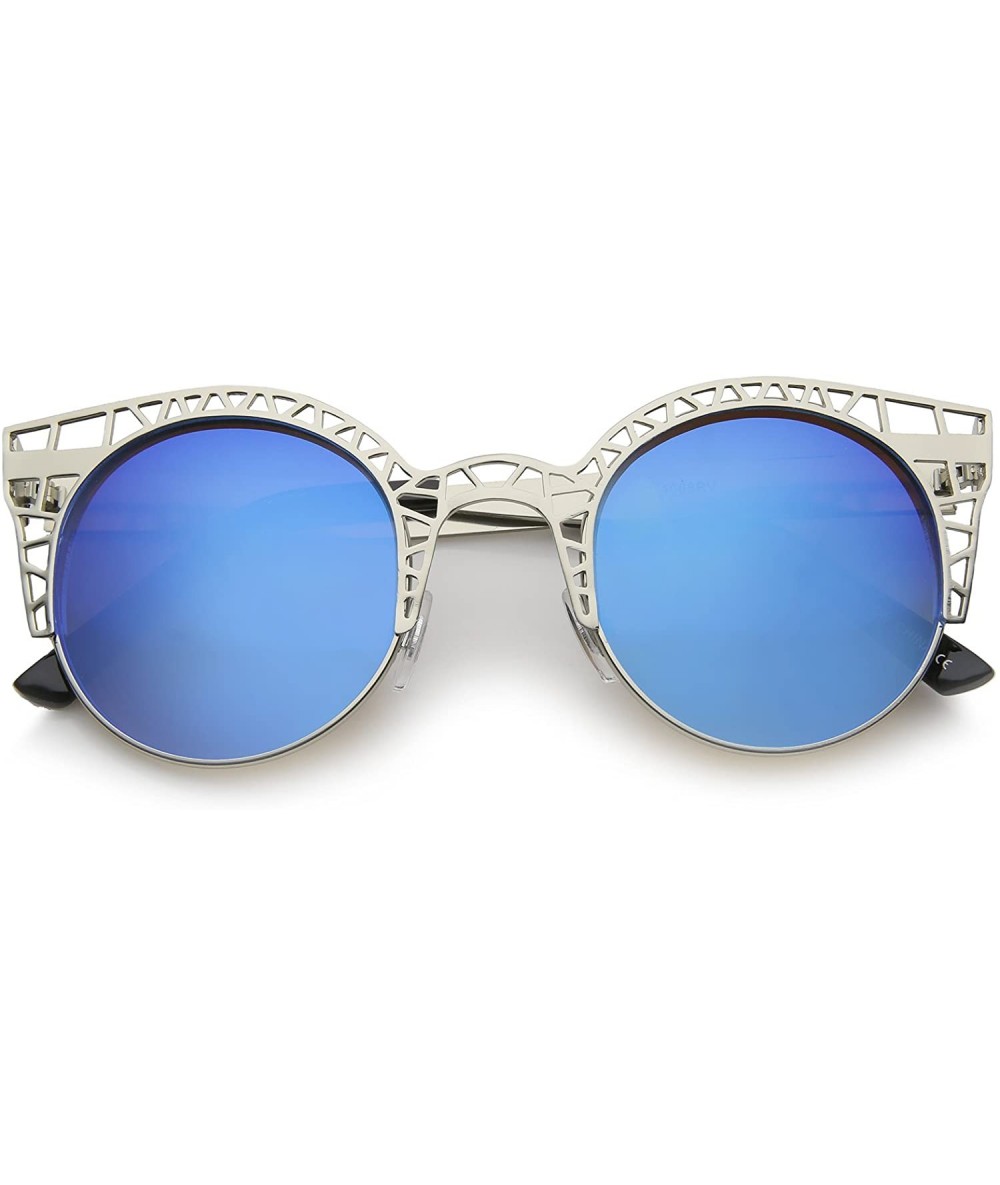 Cat Eye Women's Metal Cut Out Frame Colored Mirror Lens Round Cat Eye Sunglasses 48mm - Silver / Blue Mirror - CM12KUKNO9Z $9.22