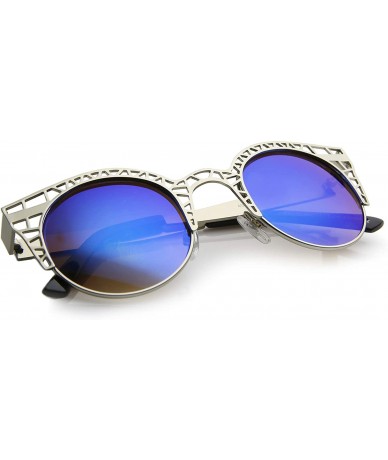 Cat Eye Women's Metal Cut Out Frame Colored Mirror Lens Round Cat Eye Sunglasses 48mm - Silver / Blue Mirror - CM12KUKNO9Z $9.22