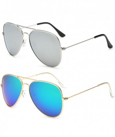 Aviator Aviator Sunglasses for Mens Womens Mirrored Sun Glasses Shades with Uv400 - Silver + Gold Green - C818S404489 $13.45