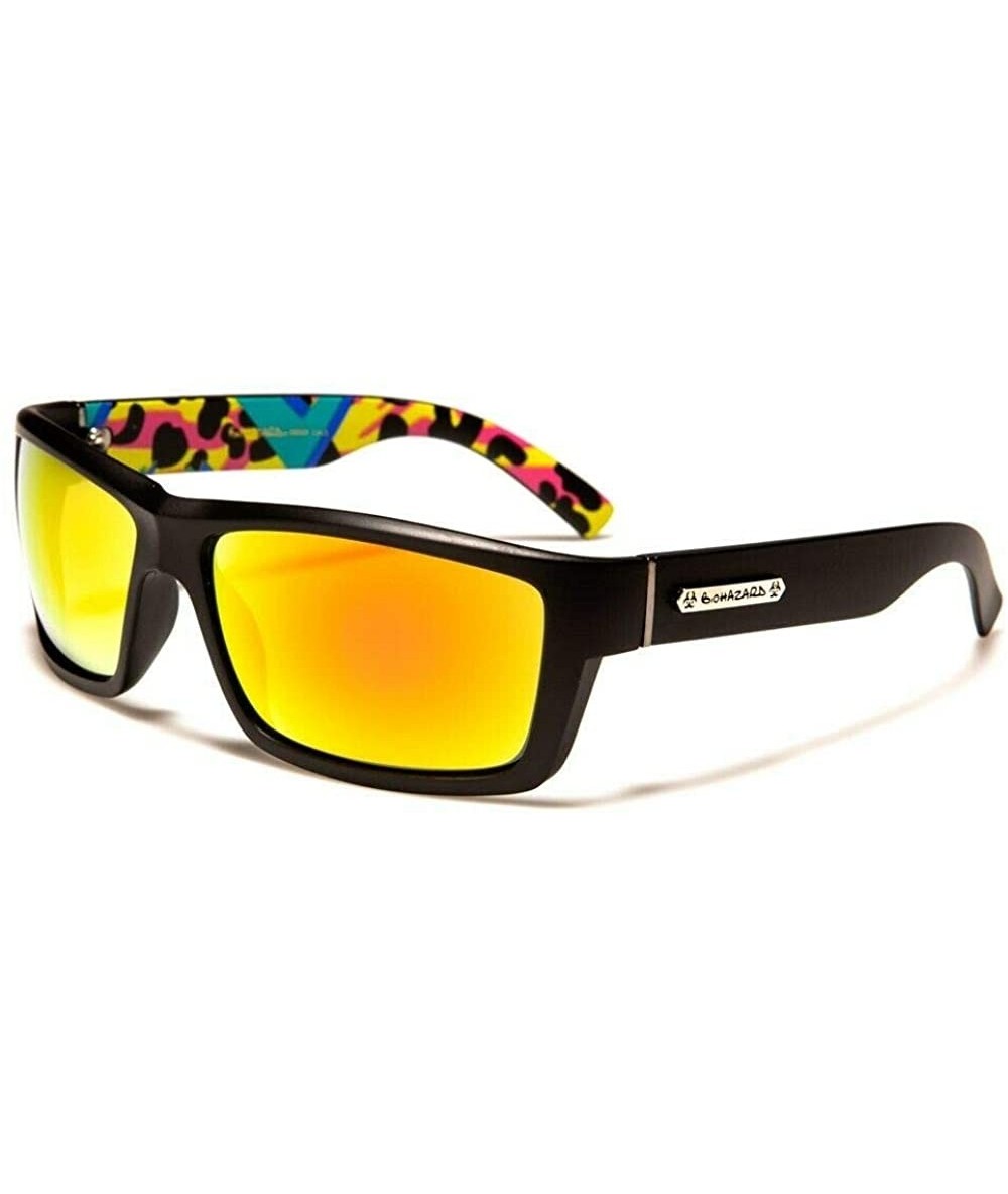 Rectangular Biohazard Abstract Wrap Around Rectangular Sport Sunglasses - Black Abstract Leopard Print - CQ18W6S6DCA $13.60