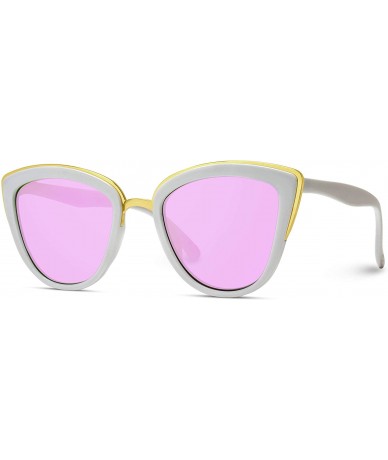 Round Womens Cat Eye Mirrored Reflective Lenses Oversized Cateyes Sunglasses - White Frame / Mirror Purple - C712MY774ES $17.05