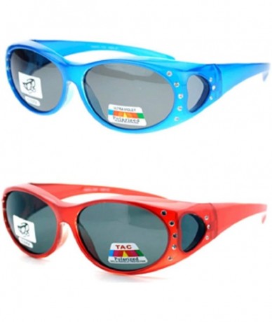 Wrap 2 Pair Polarized Rhinestone Oval Lens Shield Fit Over Glasses Sunglasses Anti Glare - 2 Pair Blue/Red - CG198MC9Z5L $26.30