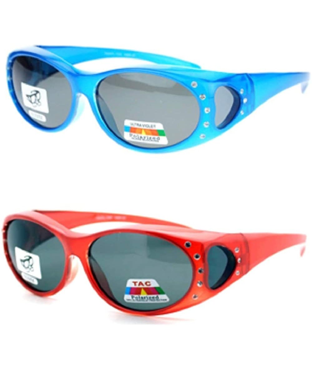 Wrap 2 Pair Polarized Rhinestone Oval Lens Shield Fit Over Glasses Sunglasses Anti Glare - 2 Pair Blue/Red - CG198MC9Z5L $26.30