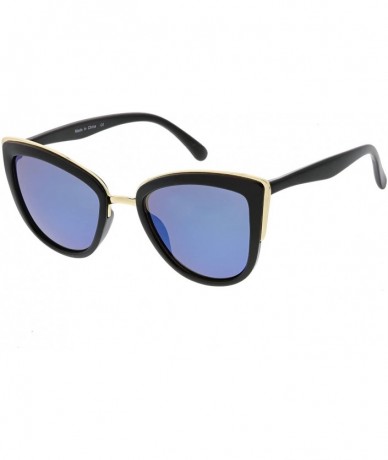 Cat Eye Women's Oversize Metal Trim Colored Mirror Lens Cat Eye Sunglasses 51mm - Black Gold / Blue Mirror - CH188KC5ZY3 $13.42