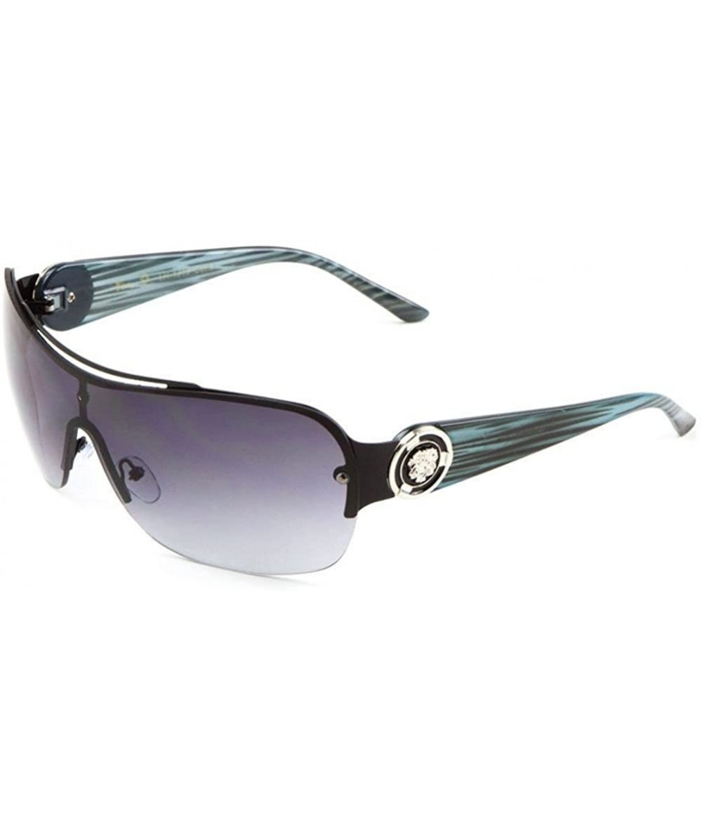 Shield Lion Head Medallion One Piece Shield Sunglasses - Blue Wood Grain & Black - CH183CUTMNH $21.77