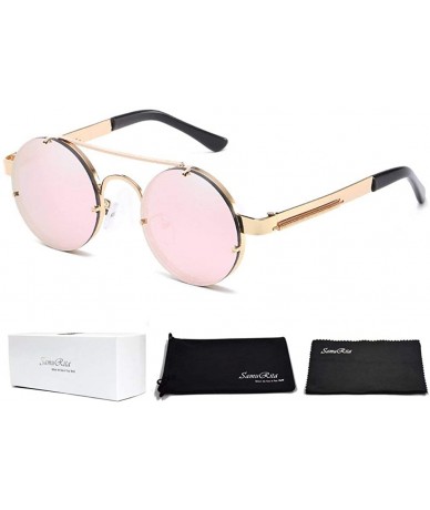 Round Spring Temple Rimless Oversized Punk Round Sunglasses - Pink Mirror Lens/Gold Frame - CI189UCTZ46 $21.41