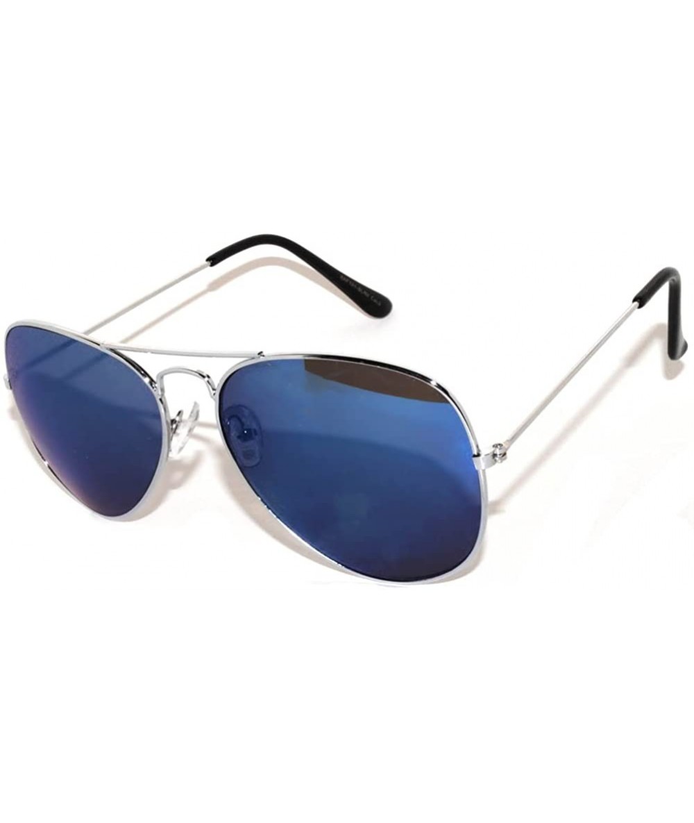 Aviator Classic Aviator Style Colored Lens Sunglasses Colored Metal Frame UV 400 - Silver Frame Blue Mirrored Lens - CY11SAVA...