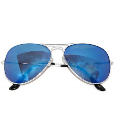 Aviator Classic Aviator Style Colored Lens Sunglasses Colored Metal Frame UV 400 - Silver Frame Blue Mirrored Lens - CY11SAVA...