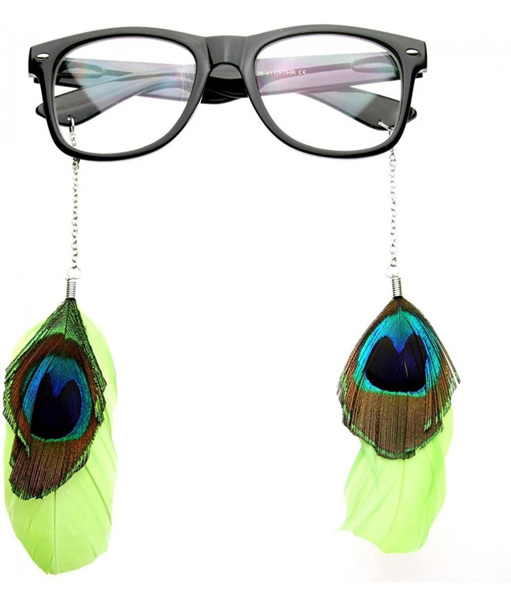 Wayfarer Hipster Cute Peacock Feather Chain Horn Rimmed Colorful Clear Lens Glasses (Green) - CZ118GXMY95 $11.36