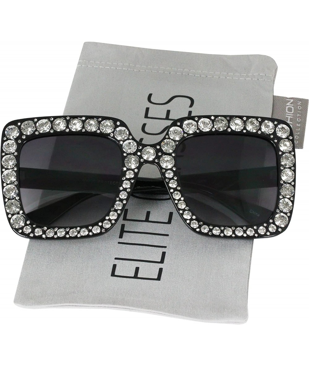 Goggle Oversized Square Frame Bling Rhinestone Crystal Brand Designer Sunglasses For Women 2018 - Black - CZ18HYI5DY5 $10.39