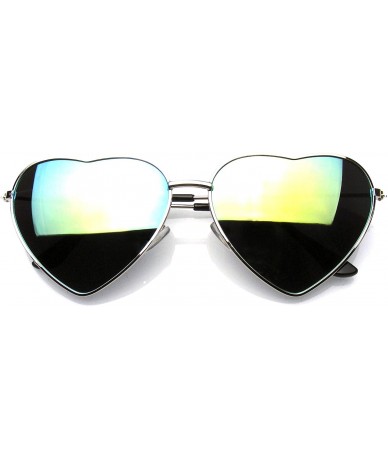 Oversized Premium Womens Cute Metal Frame Heart Shape Sunglasses - Flash Mirror - Silver Green - CG12MXMR0JH $11.64