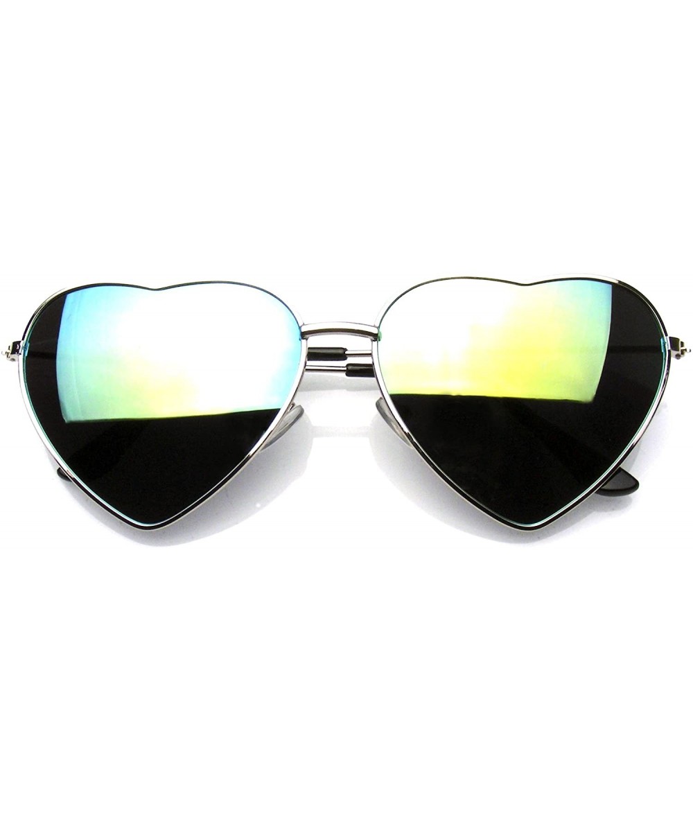 Oversized Premium Womens Cute Metal Frame Heart Shape Sunglasses - Flash Mirror - Silver Green - CG12MXMR0JH $11.64