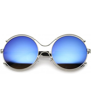 Oversized Oversize Wire Rimmed Temple Cutout Colored Mirror Round Sunglasses 58mm - Silver / Blue Mirror - C712O32HQ03 $14.51