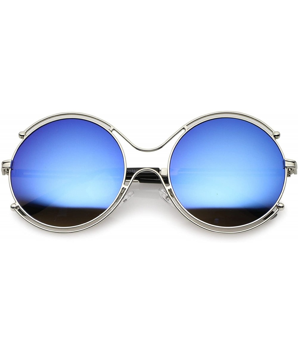 Oversized Oversize Wire Rimmed Temple Cutout Colored Mirror Round Sunglasses 58mm - Silver / Blue Mirror - C712O32HQ03 $14.51