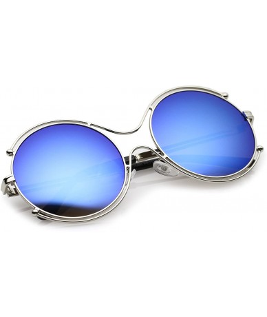 Oversized Oversize Wire Rimmed Temple Cutout Colored Mirror Round Sunglasses 58mm - Silver / Blue Mirror - C712O32HQ03 $14.51