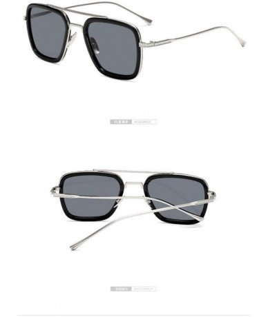 Square Stark Sunglasses Square Metal Frame Men Women Unisex Vintage Aviator Square Sunglasses with Case (Siver Black) - C018A...