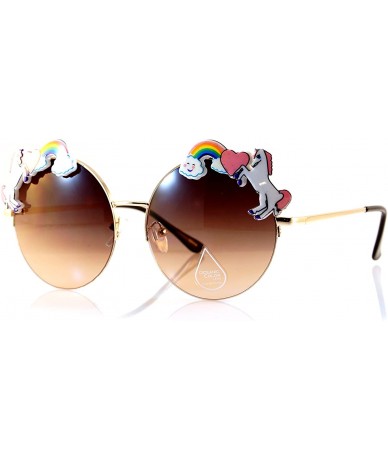 Semi-rimless Rainbow Heart Unicorn Top Gradient Ocean Color Round Sunglasses A110 - (Gold) Brown - CT180RWALHI $30.20