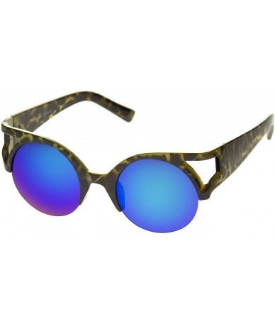 Cat Eye Women's Round Mirrored Lens Half Frame Cutout Cat Eye Sunglasses 50mm - Green-tortoise / Blue Mirror - CT12J346A7L $8.52