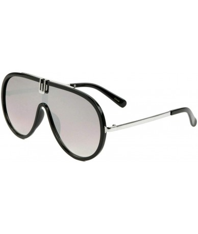 Aviator Luxury One Piece Flat Lens Shield Aviator Sunglasses - Black & Silver Frame - CN18WLG8AHT $11.16